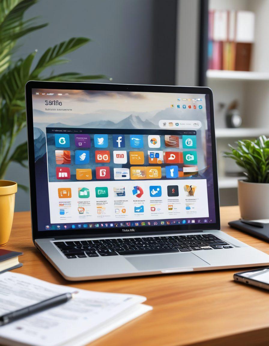 A modern workspace featuring a laptop displaying tech news, with colorful social media icons floating around. In the background, an e-learning platform interface showcasing engaging courses. A stack of books on digital marketing next to a coffee cup. The room is bright and inviting, symbolizing creativity and knowledge. vibrant colors. clean layout. digital illustration.