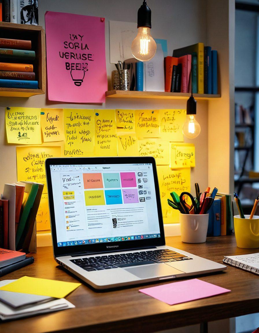 A creative workspace featuring an open laptop with blog text on the screen, surrounded by colorful sticky notes and brainstorming sketches. Include a light bulb symbolizing ideas glowing above the workspace. A vibrant bookshelf in the background filled with books on blogging, creativity, and technology. Artistic splashes of color to convey inspiration and energy. super-realistic. vibrant colors. dynamic composition.