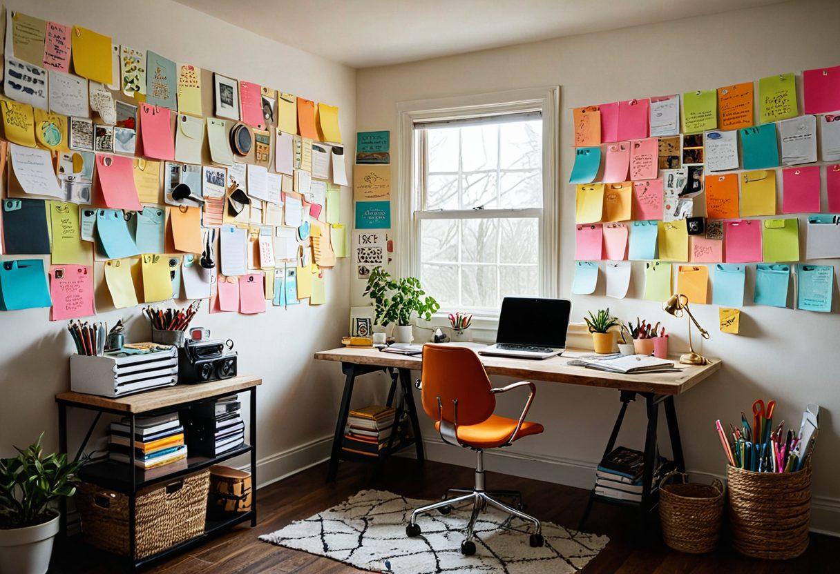 A mesmerizing workspace filled with creative tools like notebooks, a laptop, and art supplies, surrounded by vibrant post-it notes with brainstorming ideas, soft natural light streaming through a window, and motivational quotes on the wall, symbolizing the journey of content creation. super-realistic. vibrant colors. cozy atmosphere.